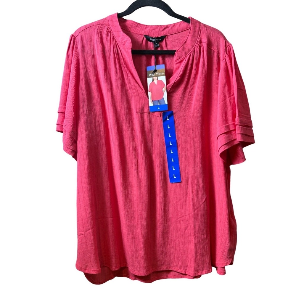 Well Worn Womens Pink Split Neck Ruffle Short Sleeve Blouse New L